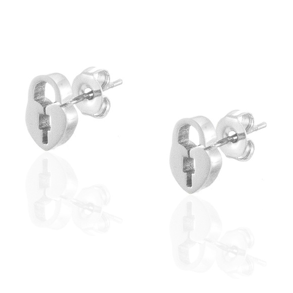 Heart & Key Style Silver Stainless Steel Earrings - Picture 2 of 3